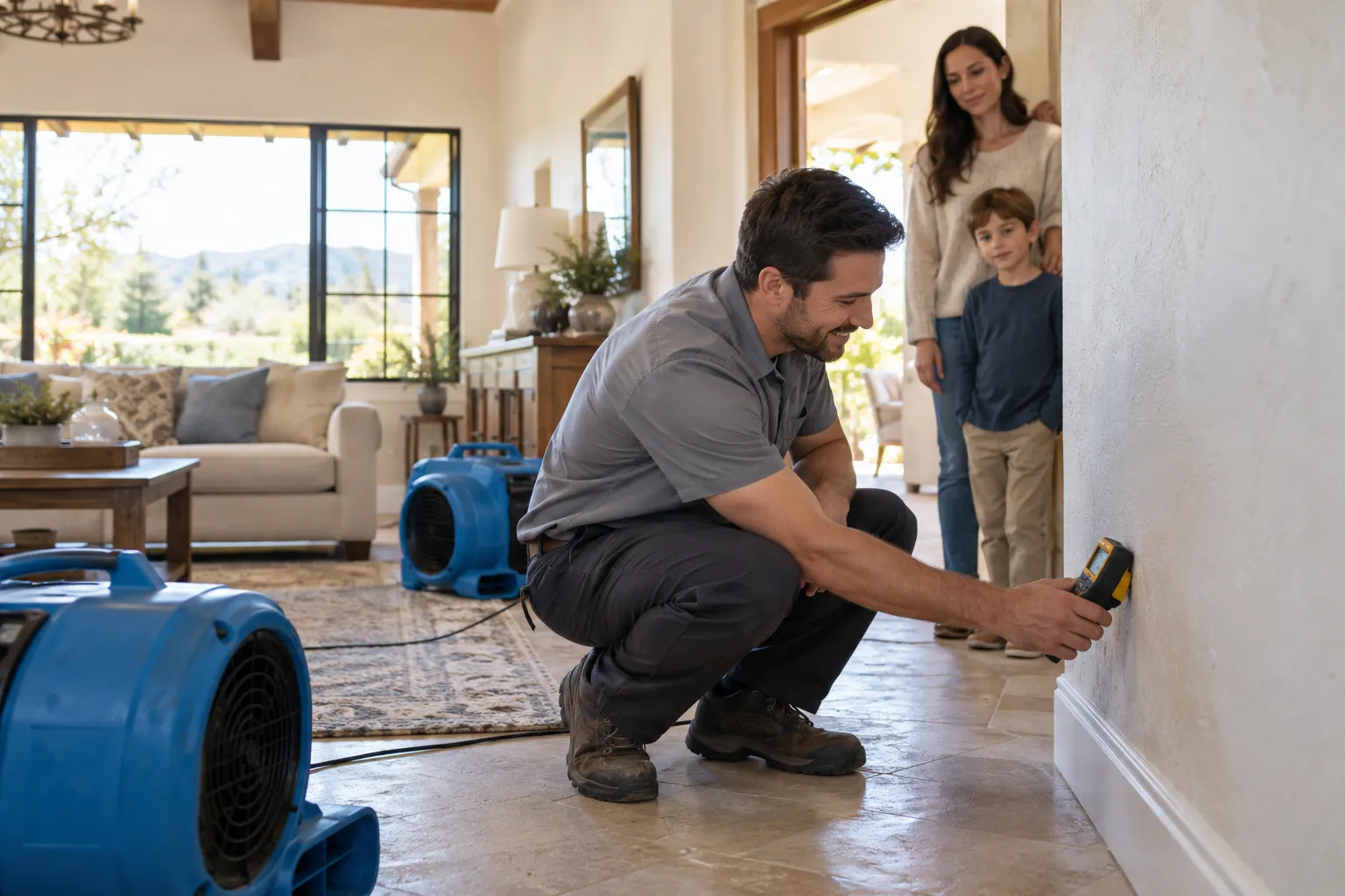 Water damage restoration technician drying a flooded living room in San Jose